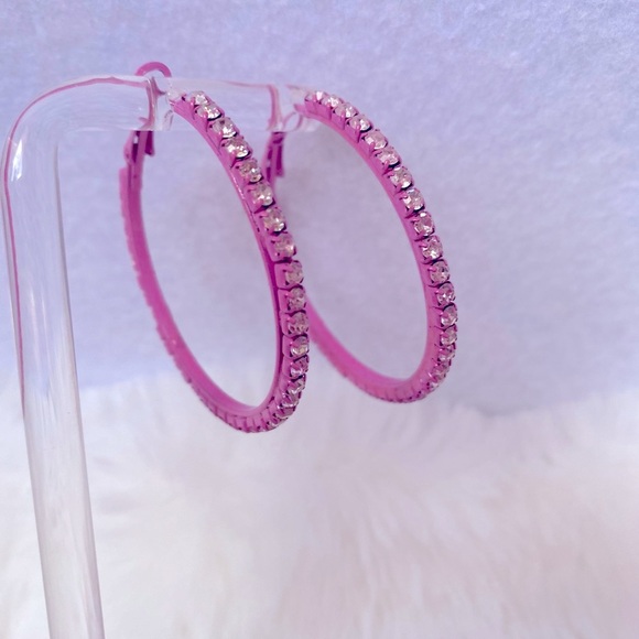 Glamorous Pink Rhinestone Hoop Earrings Barbiecore  1.5 inches brand new - Picture 7 of 13